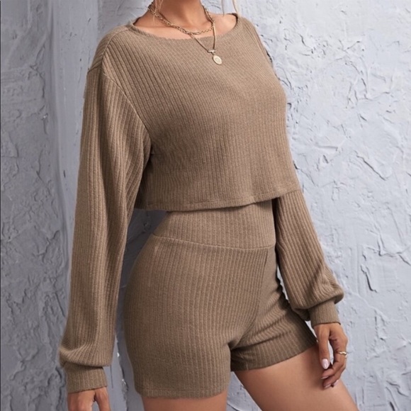Drop Off Shoulder Ribbed Top and Shorts Lounge Set - Picture 2 of 14